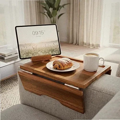 Couch Arm Table Tray with Phone & Tablet Holder – | Premium Clip-On Sofa Acacia