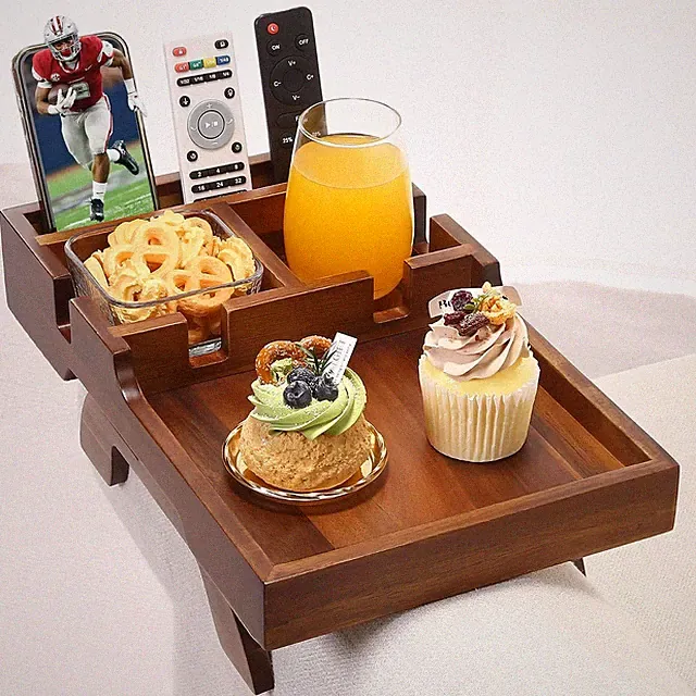 Couch Arm Table with Dual Cup Holders Acacia Wood Sofa Arm Tray