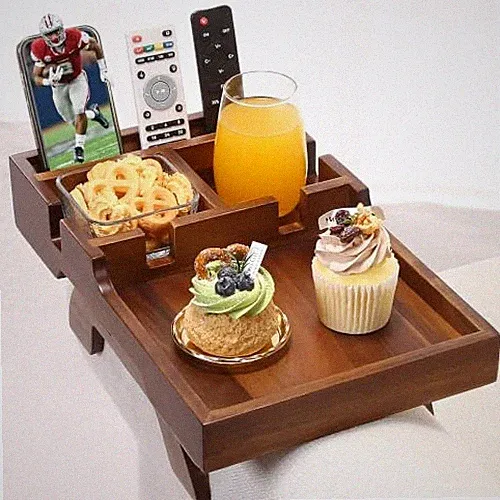 Couch Arm Table with Dual Cup Holders, Acacia Wood Sofa Arm Tray | Fits