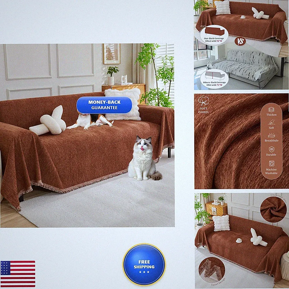 Couch Cover 91"x134" Extra Wide Chenille for 3-4 Cushion L Shape Sectional
