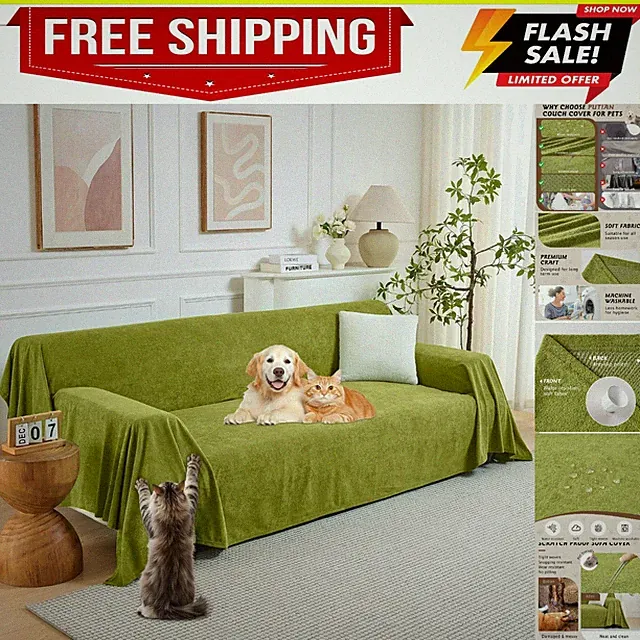 Couch Cover for Dogs, 71"x102", Boho Green | Waterproof, Washable Slipcover f...