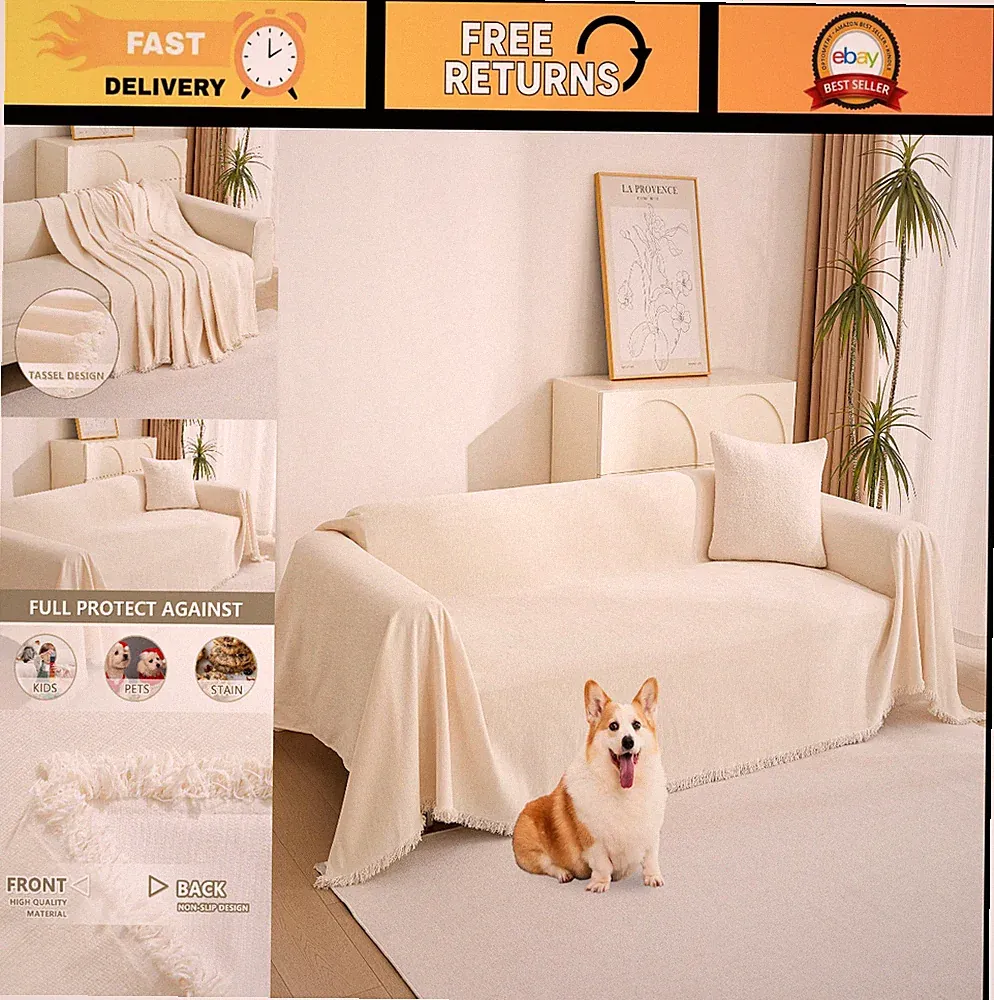 Couch Cover for Pets - Beige 2 Cushion Sofa Slipcover, Chenille Sectional Throw