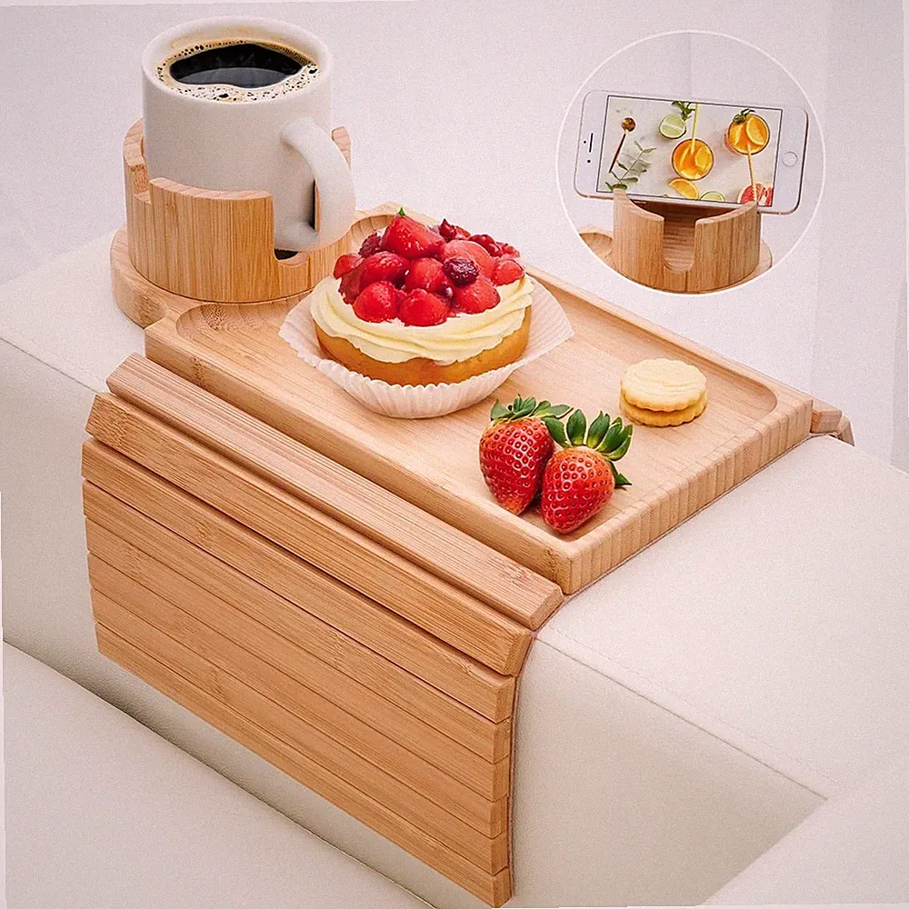 Couch Cup Holder - 3 in 1 Sofa Arm Tray with 360° Rotating Cup Holder & Pho
