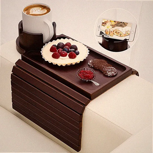 Couch Cup Holder,3 in 1 Sofa Arm Tray with 360° Rotating Walnut
