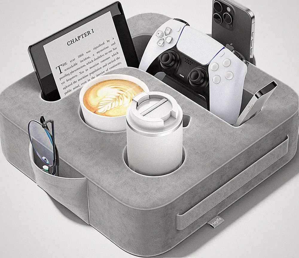 Couch Cup Holder Pillow, Sofa and Bed Caddy for iPad, Kindle, Small Ash Gray