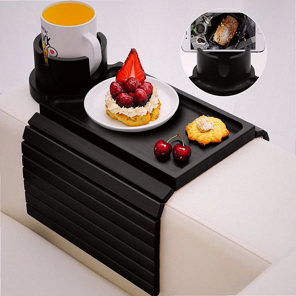 Couch Cup Holder Tray - 3 in 1 Sofa Arm Tray with 360° Rotating Cup Holder