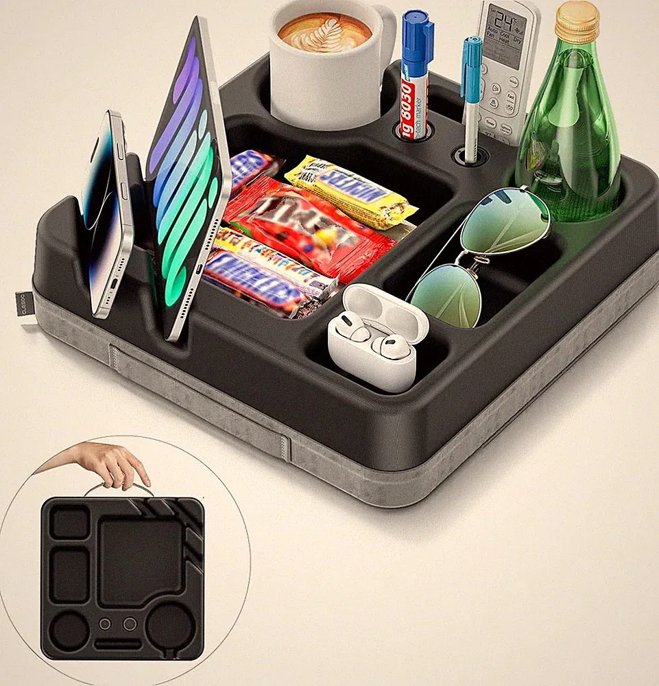 Couch Cup Holder Tray - Portable Sofa Bed Cup Holder Pillow with Snack
