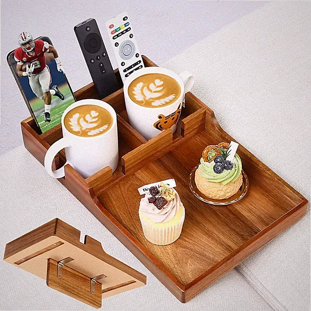 Couch Insert Tray for Middle Seat Acacia Wood Couch Table with 2 Cup Holders