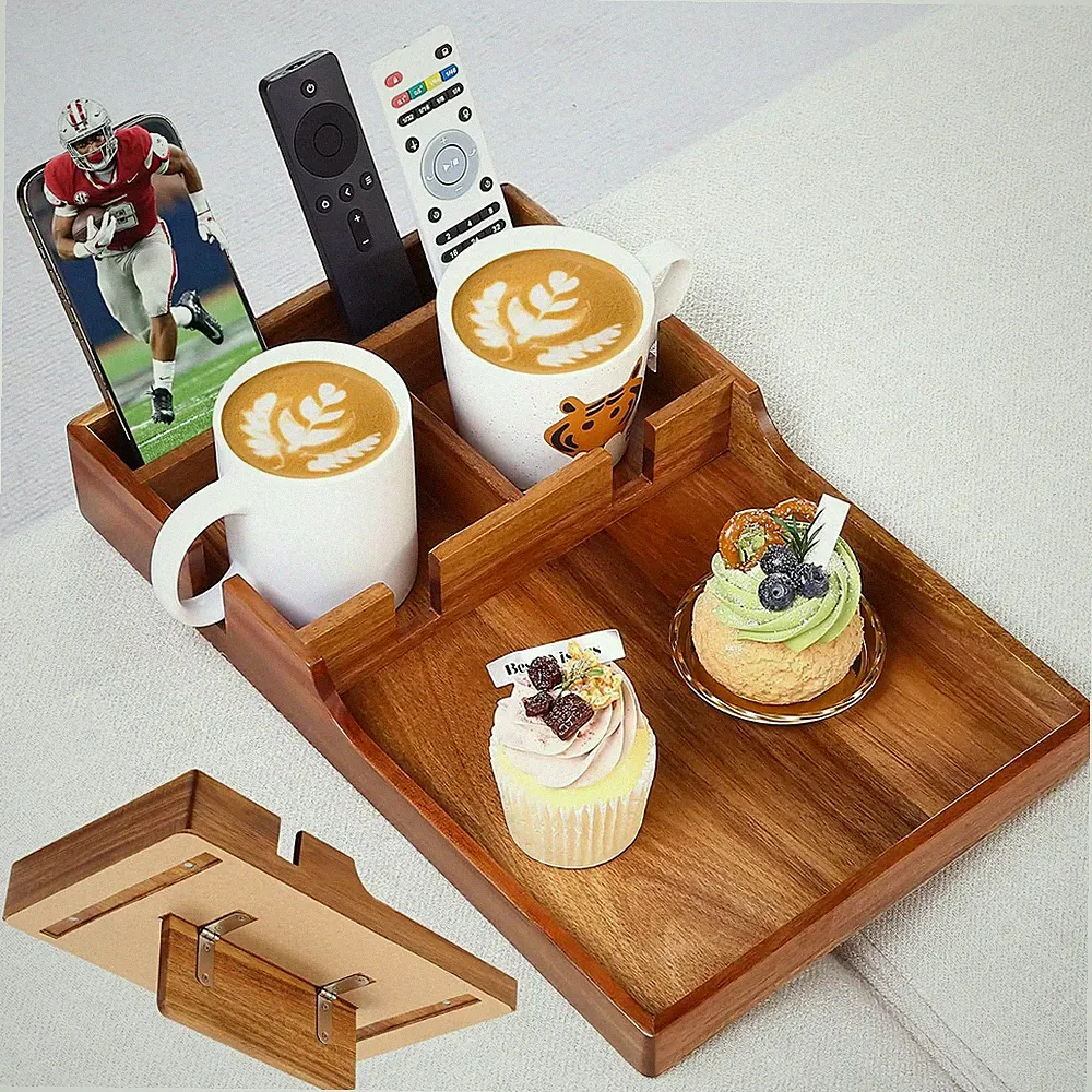 Couch Insert Tray for Middle Seat, Acacia Wood Couch Table with 2 Cup Holders, F