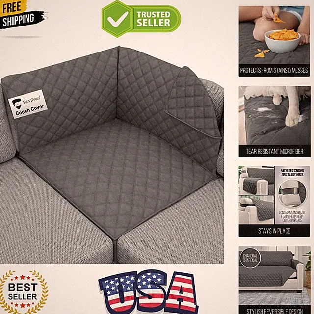 Couch Sectional Corner Slip Cover for Dogs with Strap Charcoal