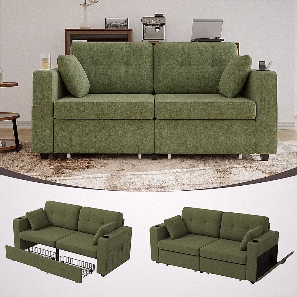 Couch Set Sectional Sofas 3 Seats Storage USB Charging Cup Holder Chenille