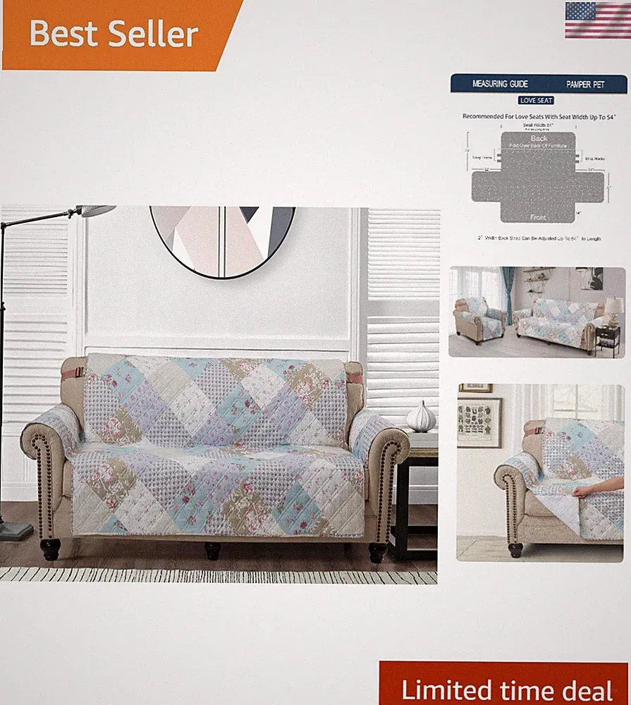 Couch Slipcover Quilted Patchwork Loveseat Cover for Pets Kids Blue Green