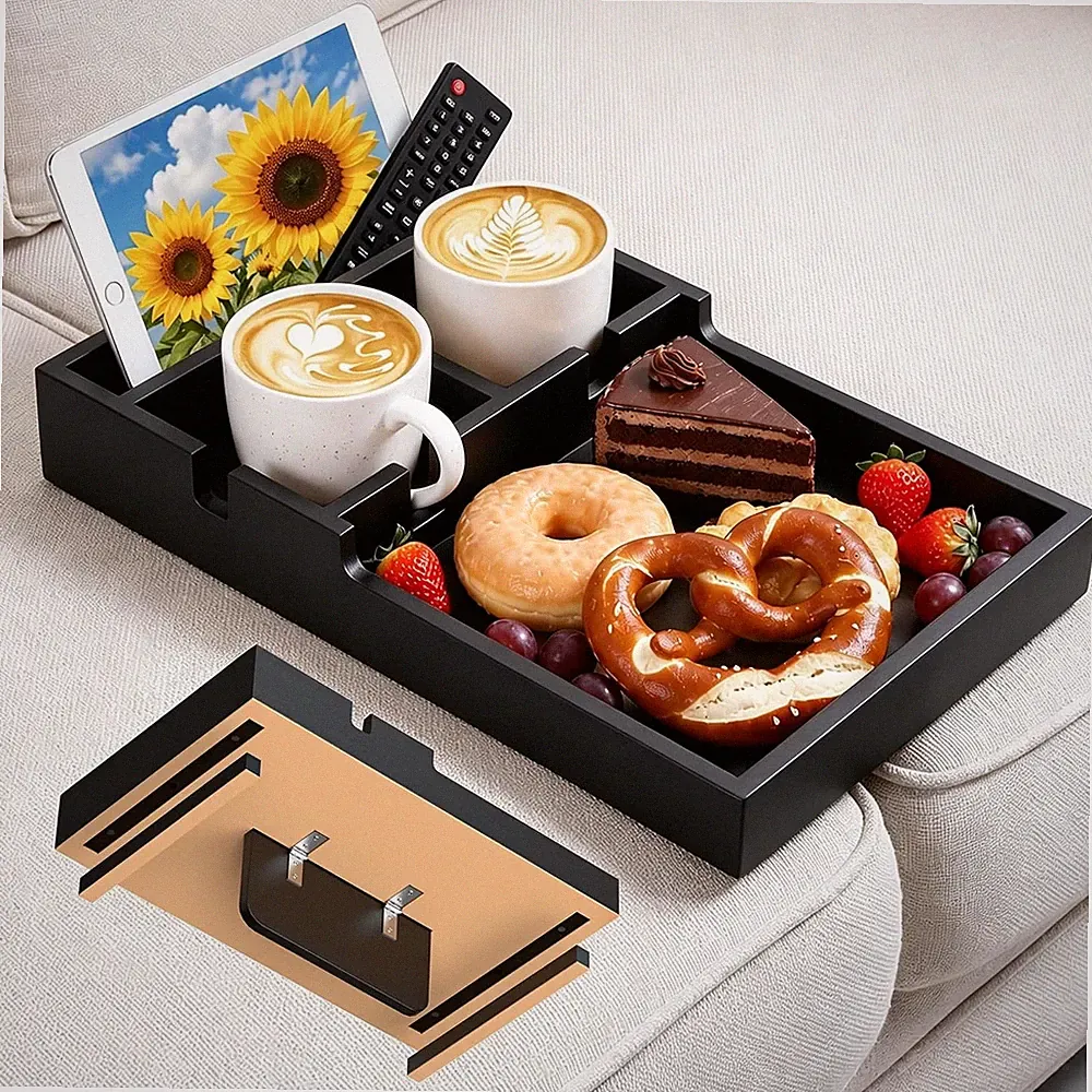 Couch Tray Insert for Middle Seat Bamboo Couch Table with 2 Cup Holders Black