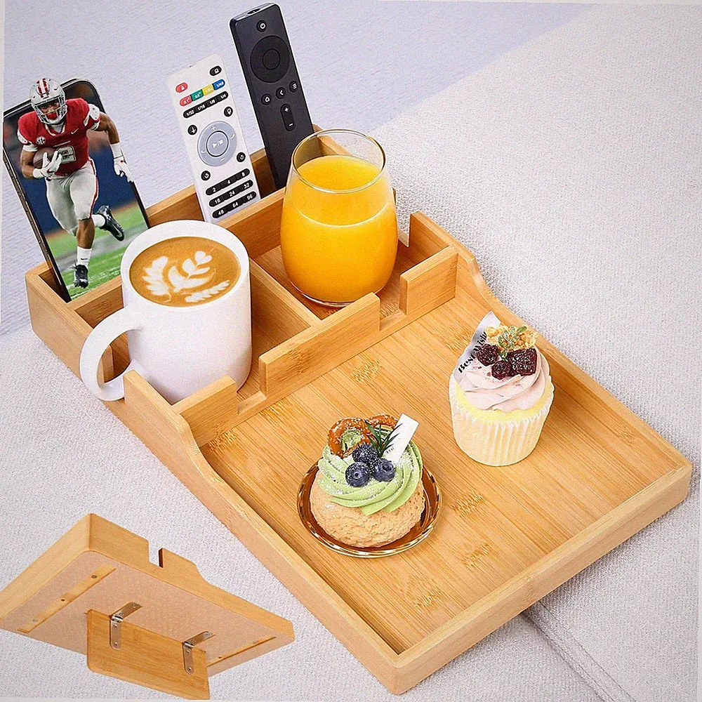 Couch Tray Insert for Middle Seat, Bamboo Couch Table with 2 Cup Holders, Fit...