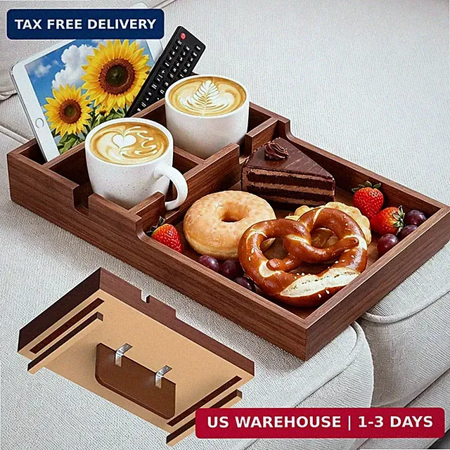 Couch Tray Insert for Middle Seat, Bamboo Couch Table with 2 Cup Holders, Fits A