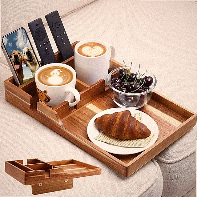 Couch Tray Insert W/ Cup Holder 2-in-1 Insert & Flat Sofa Organizer Acacia Wood