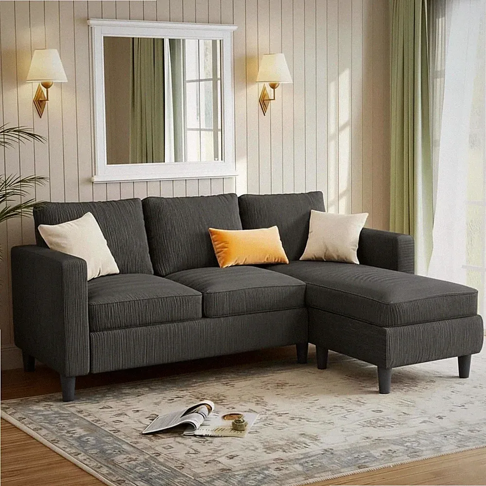 Couches for Living Room, 3-Seat Reversible Sectional Sofa with Convertible Ottom