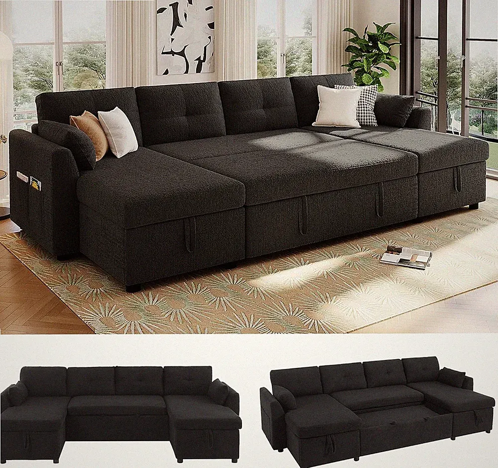 Cozy 107" U-Shaped Sleeper Sofa with Storage Chaise & Plush Teddy Fabric