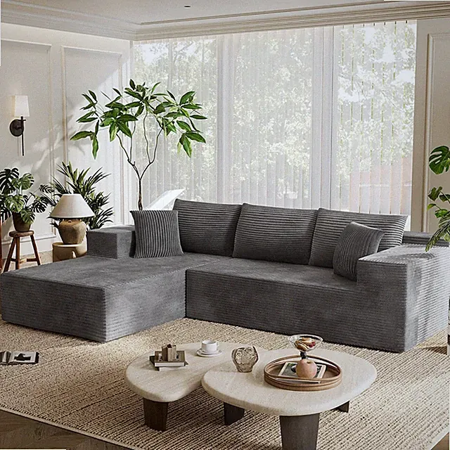 Cozy 108" L-Shaped Modular Sofa in Grey Corduroy - No Assembly Needed