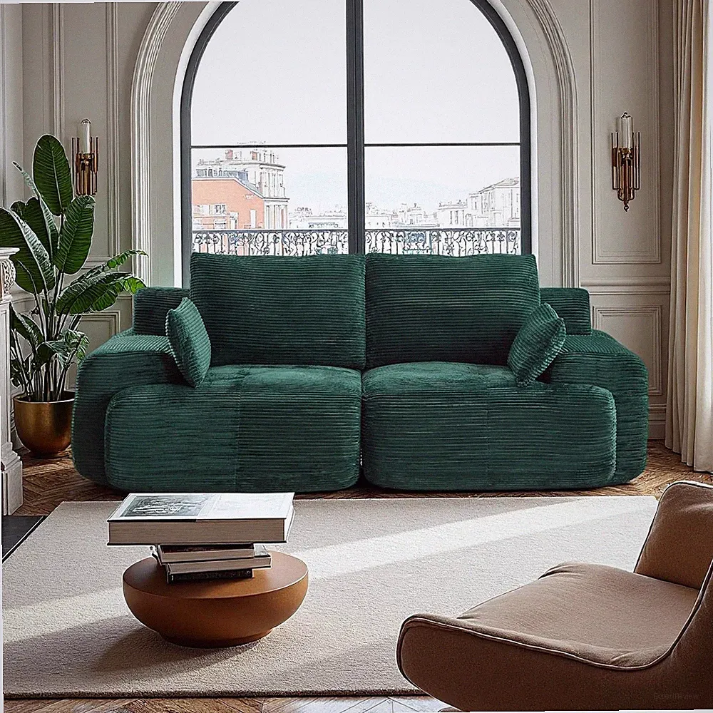 Cozy 84" Round Loveseat Sectional Sofa in Green Corduroy for Small Spaces