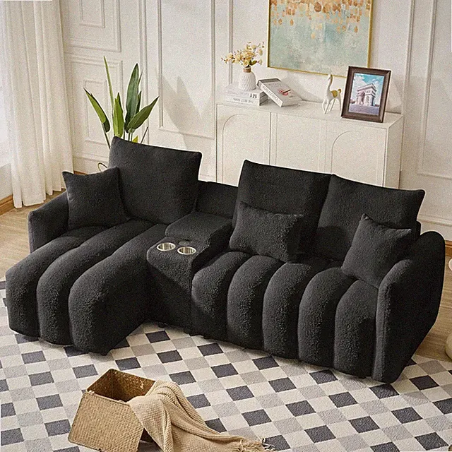 Cozy 92" L-Shaped Teddy Sofa with Console, USB & Storage - Black