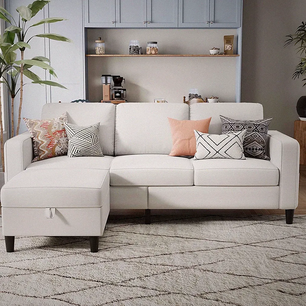Cozy Beige L-Shaped Sectional Sofa with Storage Ottoman for Small Spaces