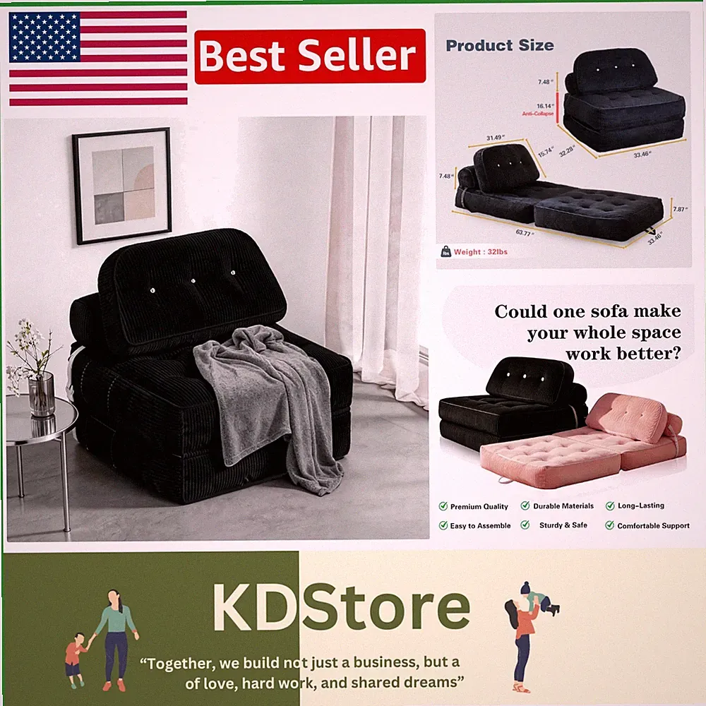 Cozy Black Flannel Sleeper Sofa Bed with Storage Pocket - Ideal for Apartments