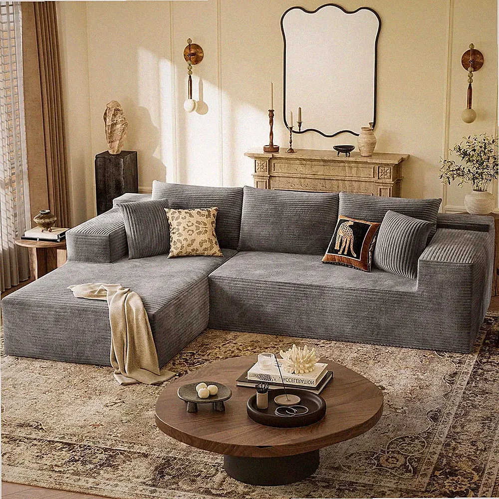 Cozy Cloud Comfy 108" Gray Corduroy Modular L-Shape Sectional Couch