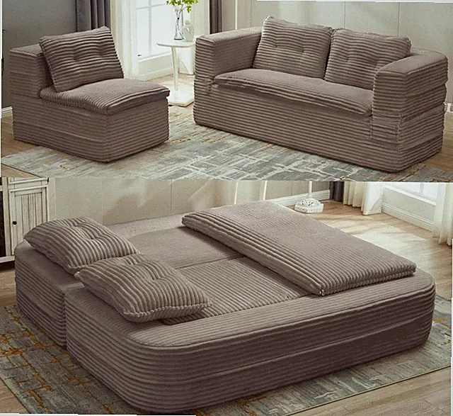 Cozy Coffee Corduroy Sleeper Sofa with Chaise - No Assembly Needed