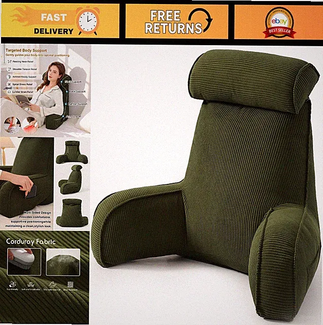Cozy Corduroy Reading Pillow with Arms, Backrest Cushion for Bed & Sofa, Washabl