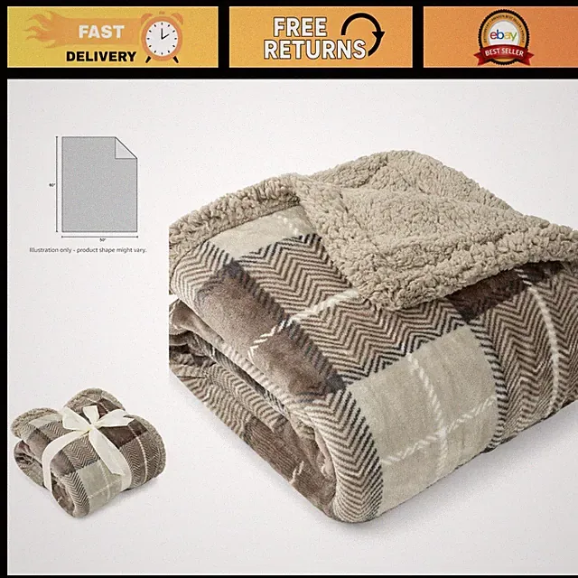 Cozy Dark Grey Plaid Sherpa Throw Blanket for Couch Sofa Bed, 50x60 Inches