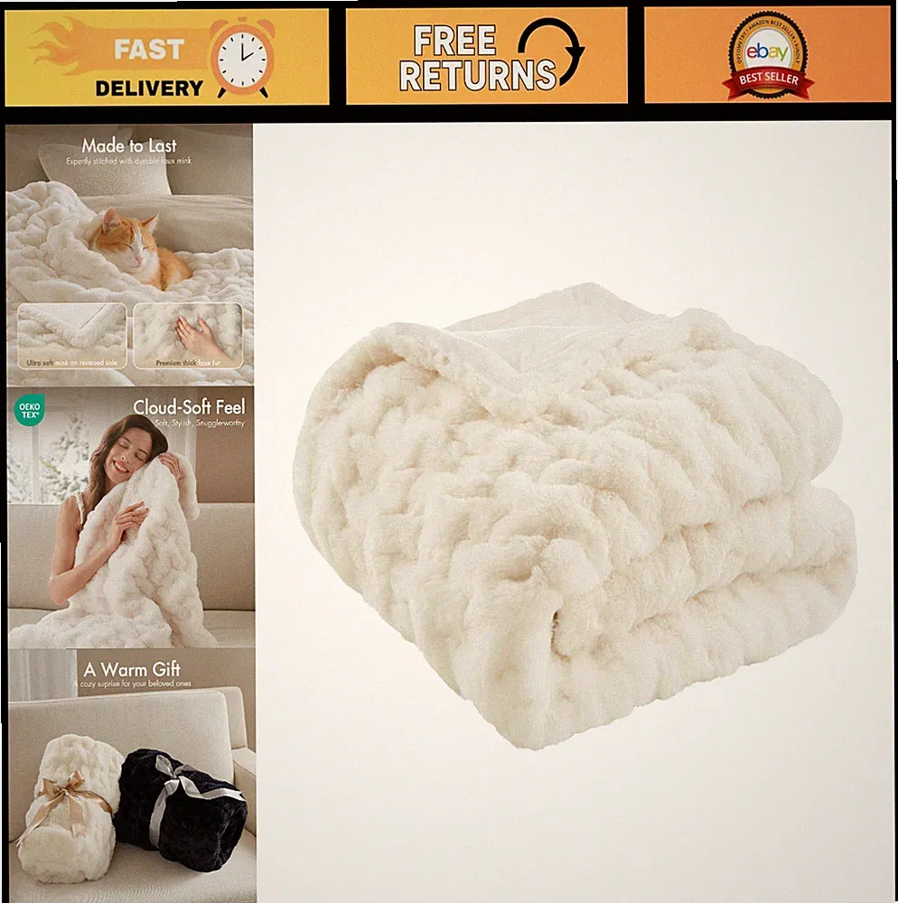 Cozy Faux Fur Luxury Throw Blanket, Soft Ruched Design for Bed & Couch, 50x60" I