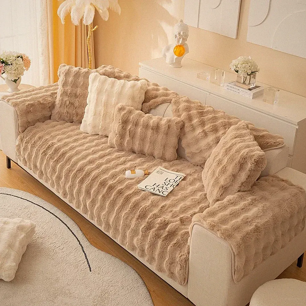 Cozy Faux Fur Non-Slip Sofa Cover for Kids & Pets - Coffee, 36"X70