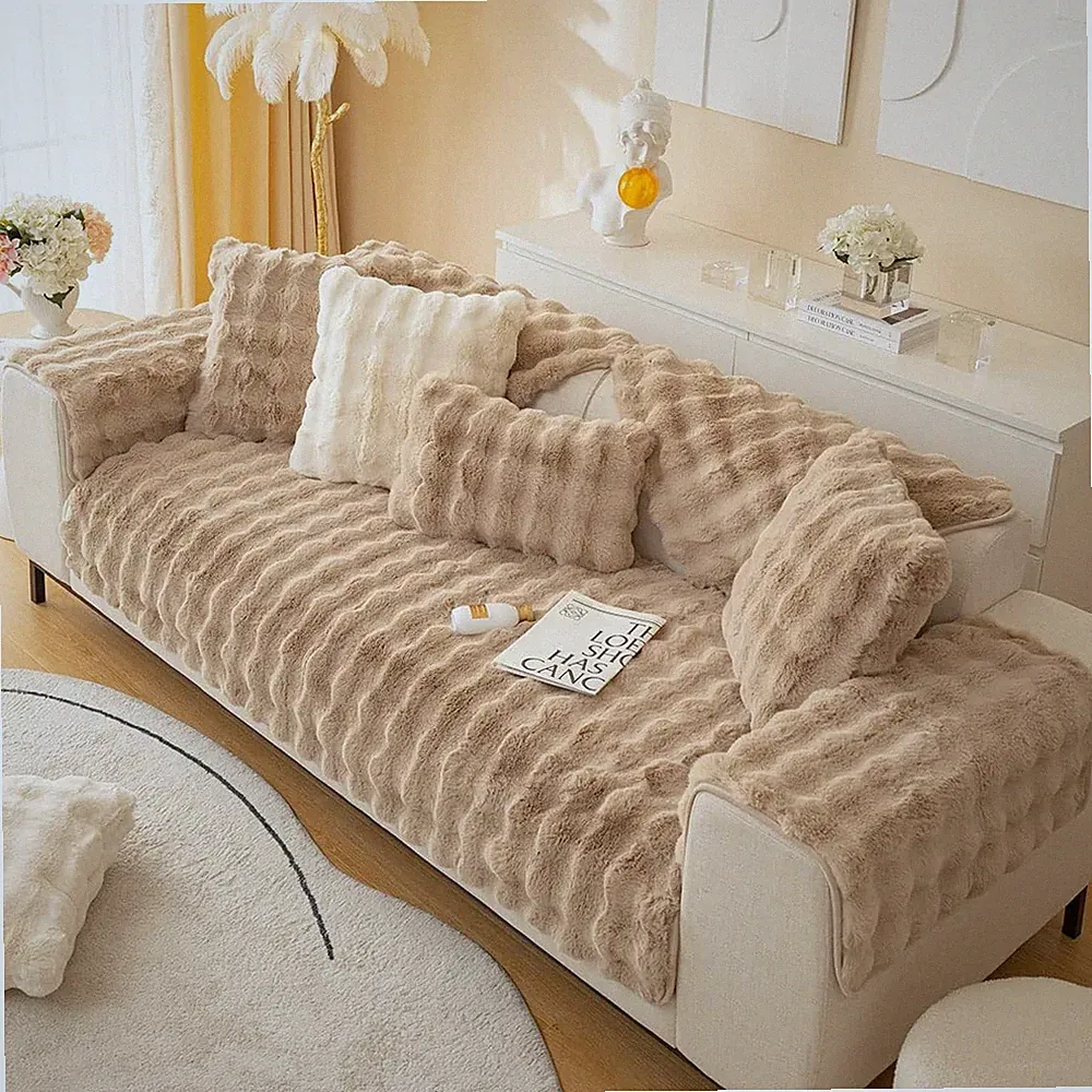 Cozy Faux Fur Non-Slip Sofa Cover for Kids & Pets - Coffee, 43"X82