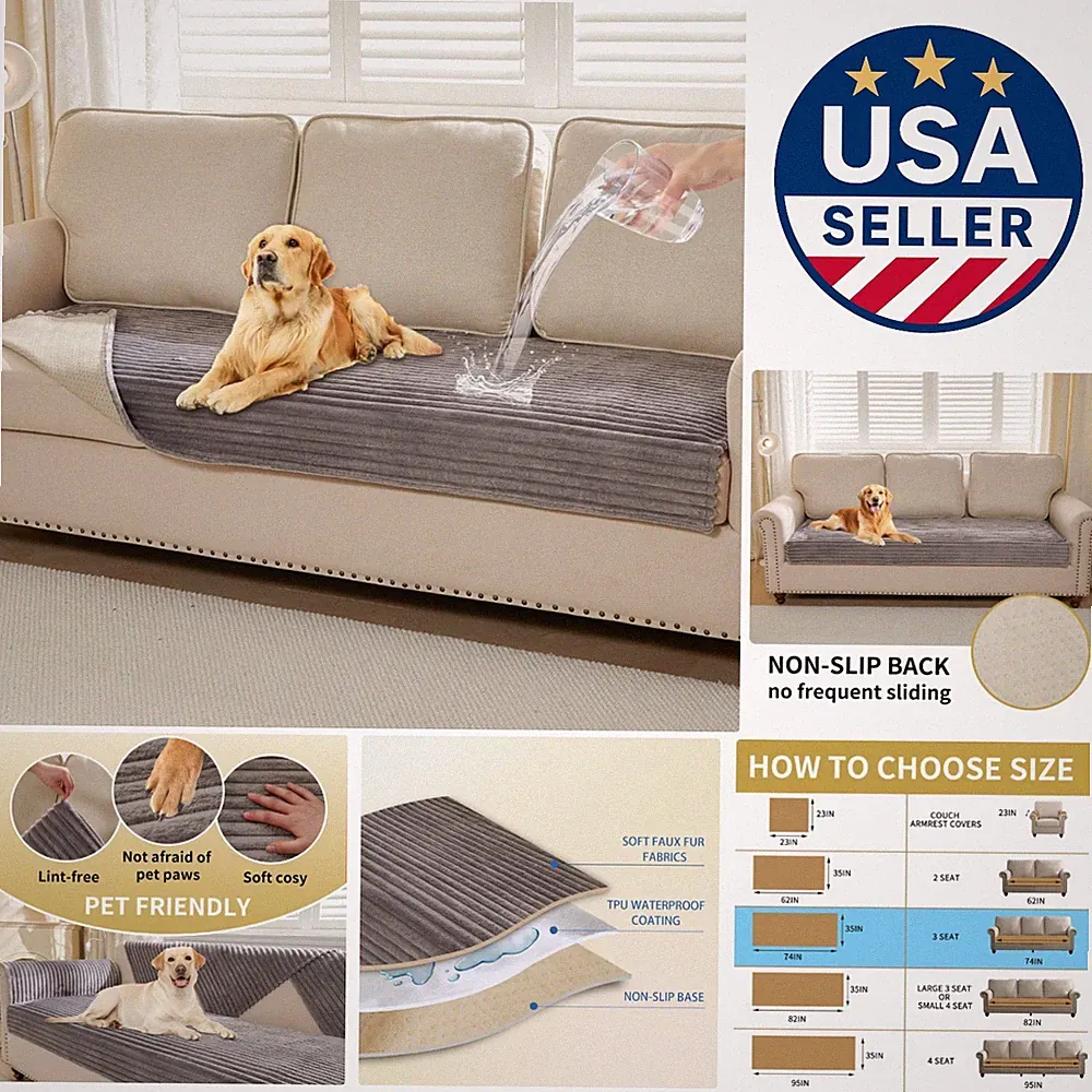 Cozy Faux Fur Sofa Cover for Dogs - Waterproof, Pet Friendly, Grey 35" x 74"