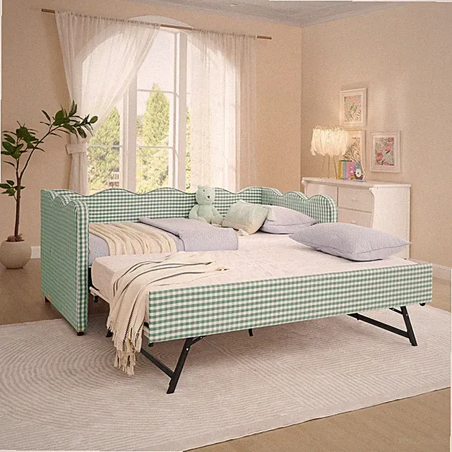 Cozy Gingham Daybed with Trundle Twin Size Sofa Bed No Box Spring Needed