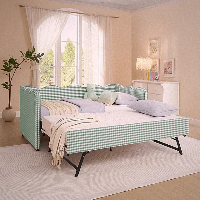 Cozy Gingham Daybed with Trundle Twin Size Sofa Bed No Box Spring Needed, with