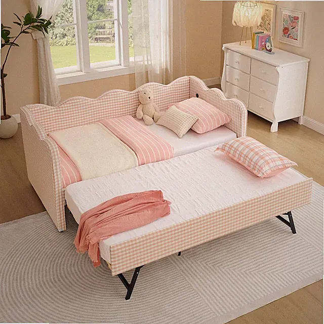 Cozy Gingham Twin Daybed Trundle, Wave USB, Linen, No Box Spring