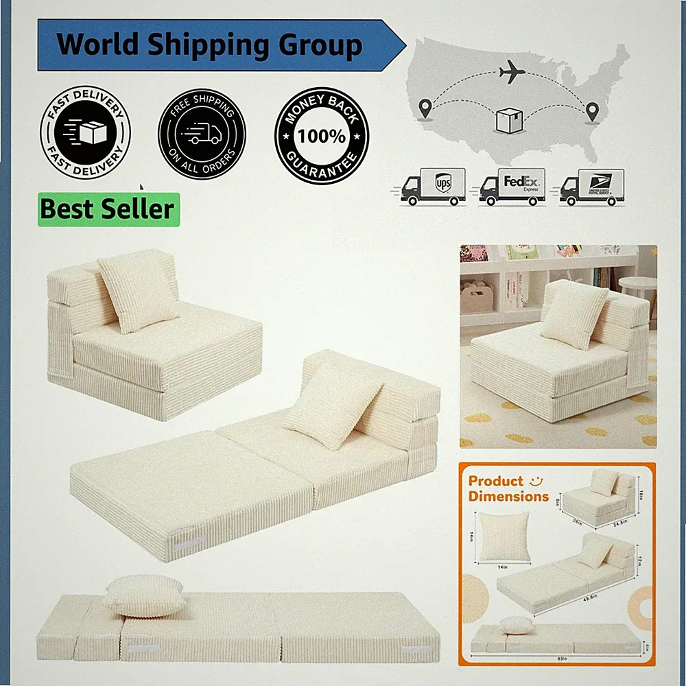 Cozy Kids Folding Sofa Bed – Corduroy Futon Chair, Beige, 63"L for Playrooms