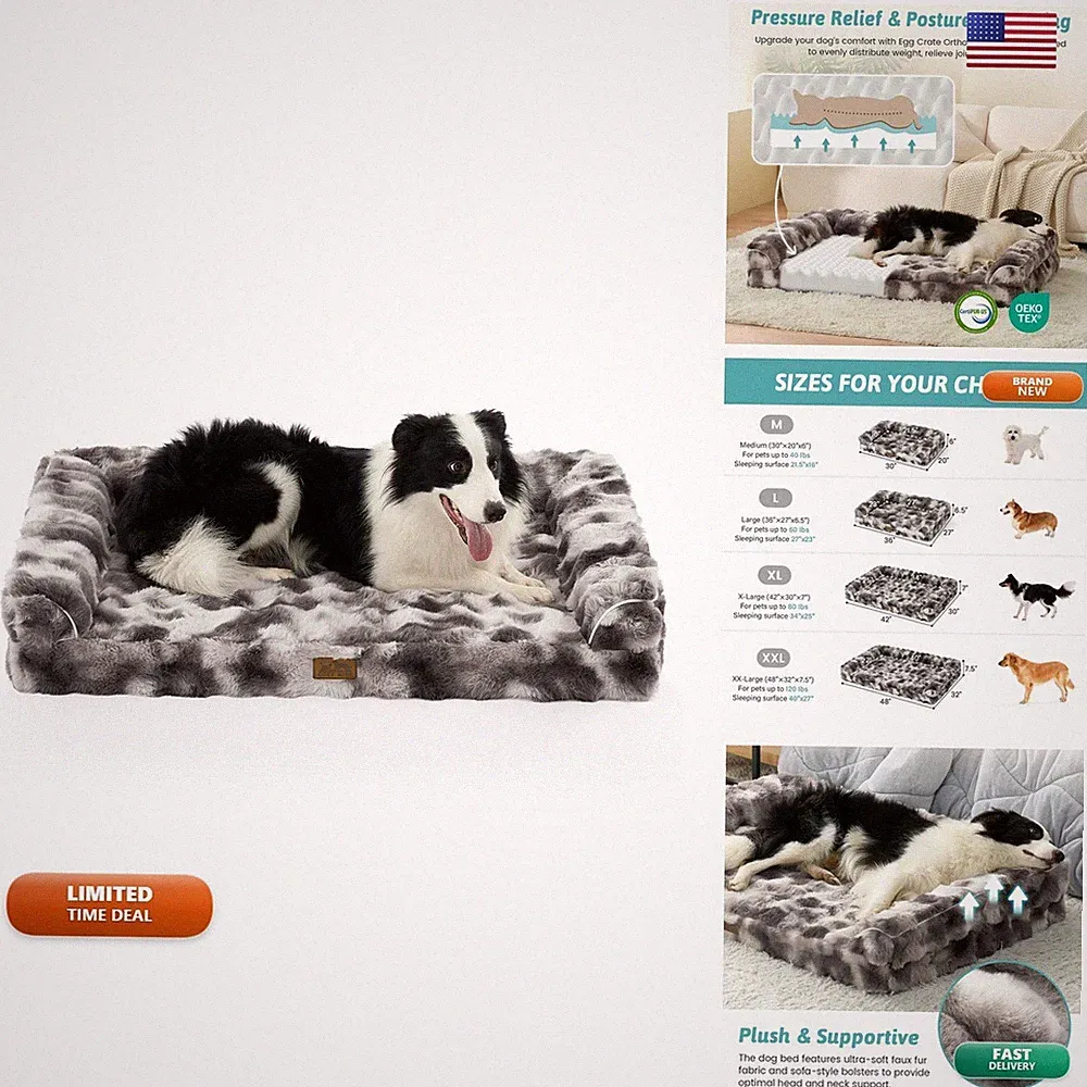 COZY KISS Orthopedic Dog Bed XL 42x30x7 U-Shaped Faux Fur Tie-dye Grey