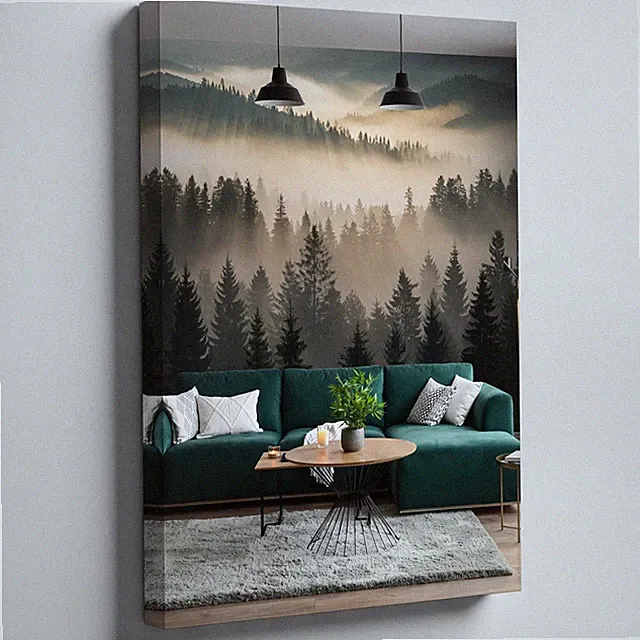 Cozy Living Room Scene Featuring A Deep Green Sectional Sofa Adorned Wall Art