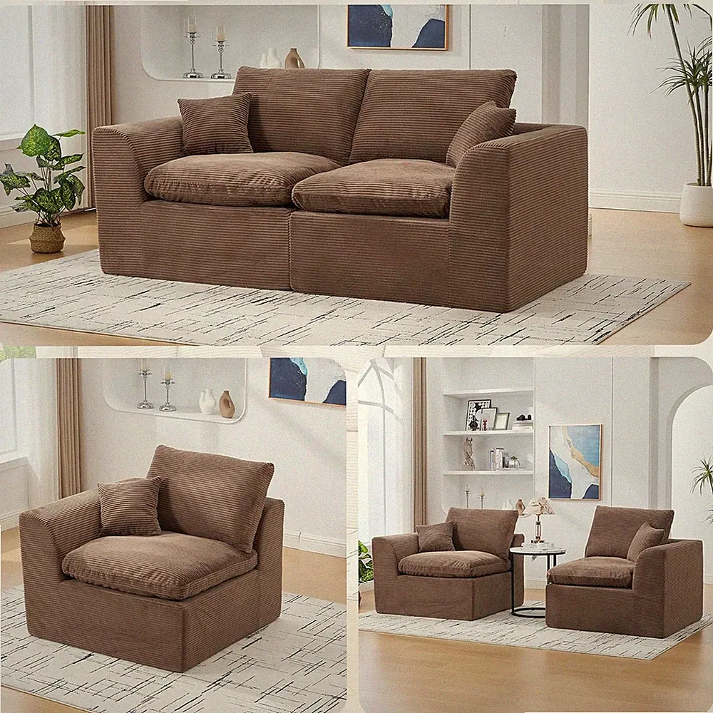 Cozy Modular Cloud Sofa - 2-Piece Sectional Loveseat in Brown Corduroy