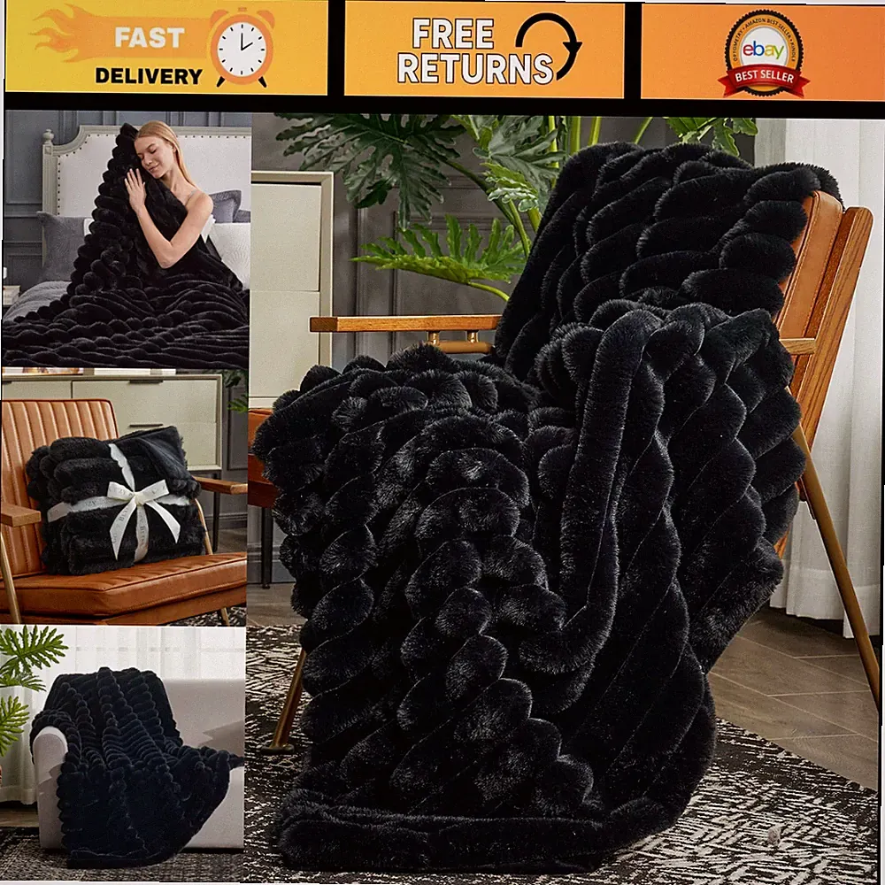 Cozy Plush Faux Fur Throw Blanket 50x60" - Soft Striped Sofa & Bed Cover, Black