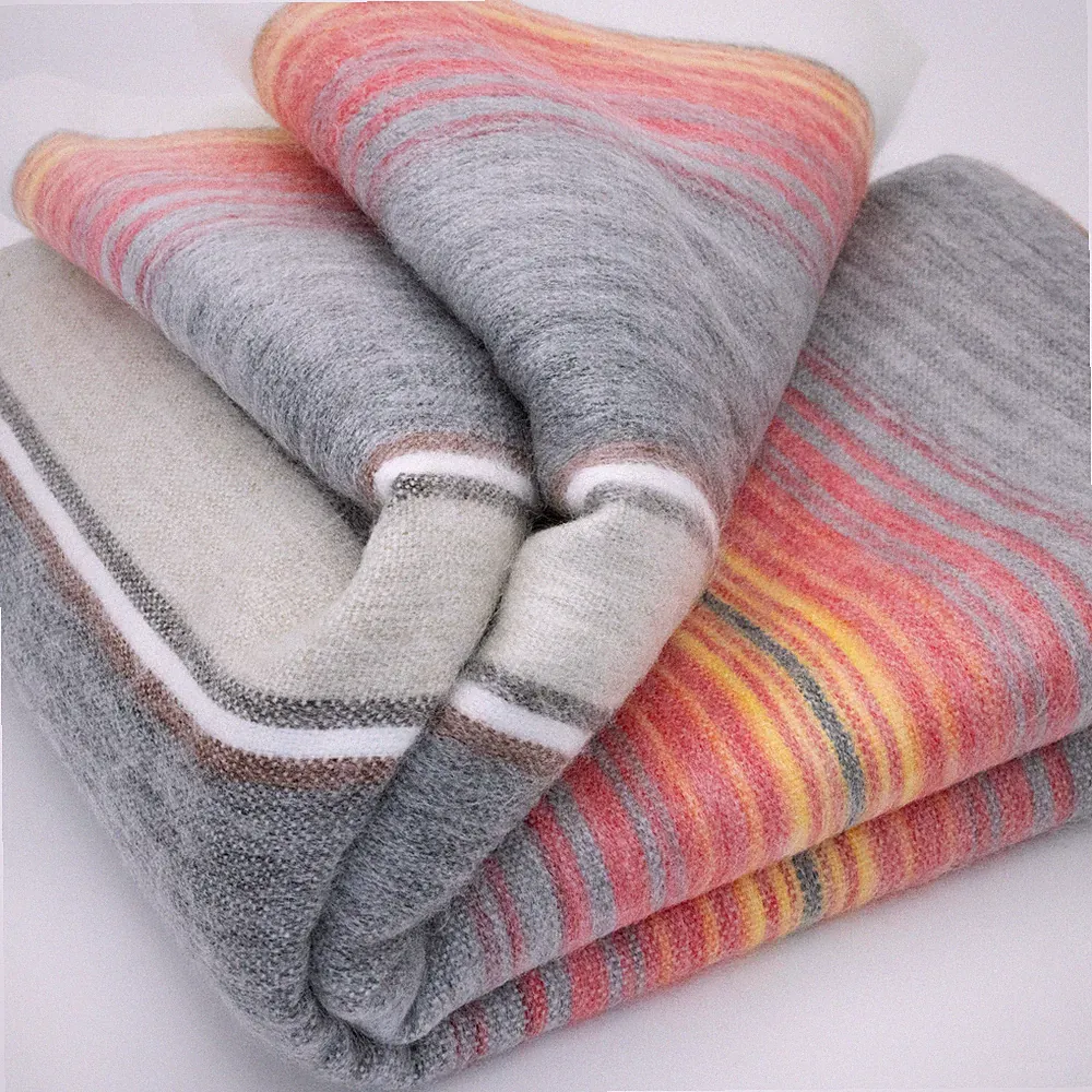 COZY STRIPED BABY ALPACA WOOL QUEEN SIZE SOFA/ BED THROW - SUNSET HUES