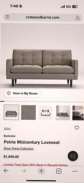 crate and barrel petrie loveseat