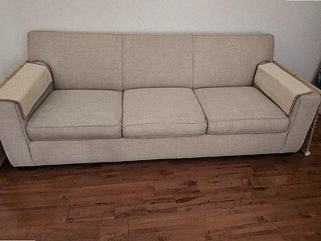 Crate & Barrel Beige Upholstered 3-Seat Sofa, Track Arms, Solid Pattern