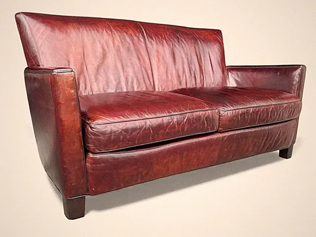 Crate & Barrel Burgundy Leather Couch Sofa 2 Seater Vintage Patina
