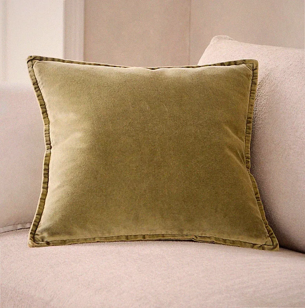 Crate & Barrel Organic Washed Cotton Velvet Throw Pillow Cover 20x20 Moss Green