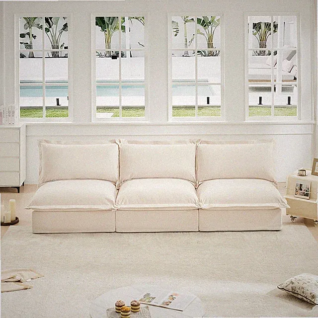 Cream Chenille Modular Armless Sofa, 3 Seater Sofa, Deep Seat 3- Seat Sofa