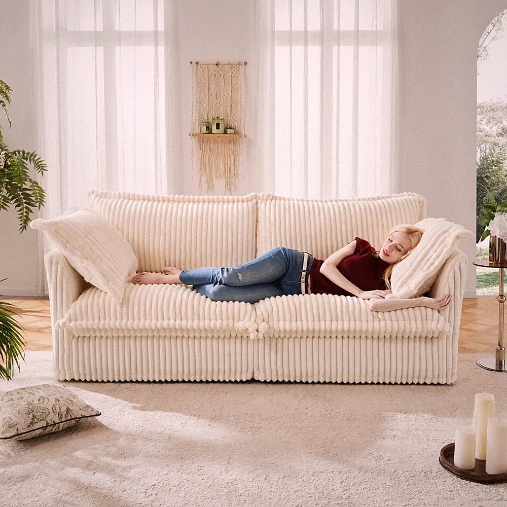 Cream Corduroy 2-Seater Sofa w/ Removable Cover for Small Space